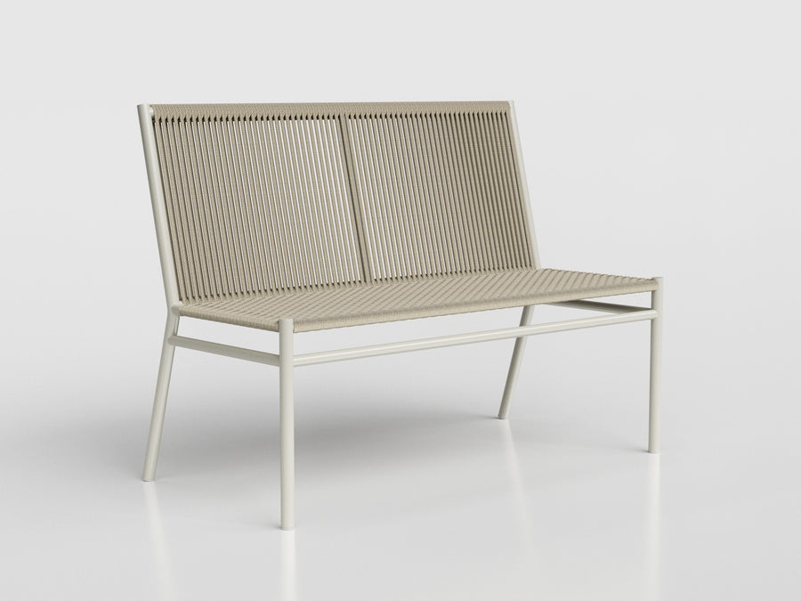 Bora Bora armless two seats bench made of nautical rope and gray aluminum, designed by Luciano Mandelli