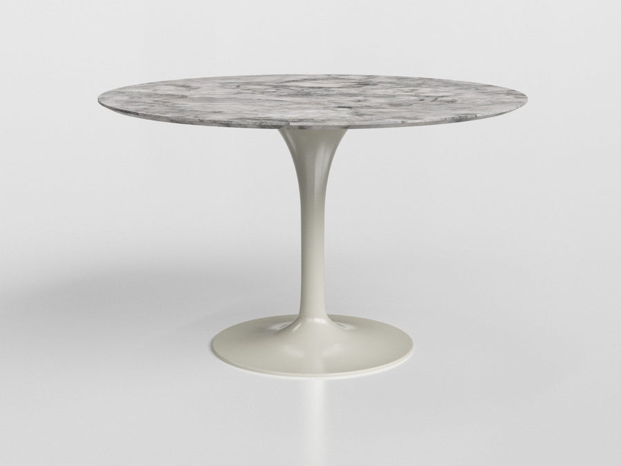 Bora Bora compact dining table with round marble top and gray aluminum base, designed by Luciano Mandelli