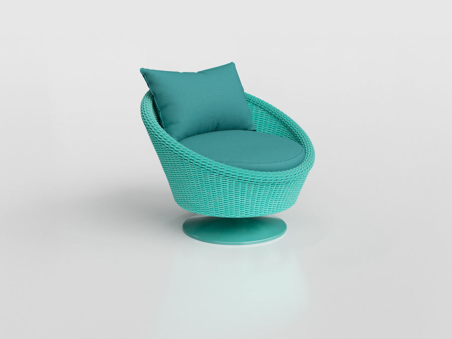 Goa Swivel Lounge Chair with closed fiber base and turquoise upholstered seat and cushions, designed by Luciano Mandelli