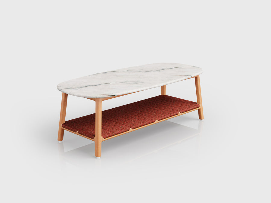 Padang coffee table with wooden structure, aluminium support and stone top, designed by Luciano Mandelli