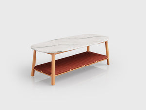 Padang coffee table with wooden structure, aluminium support and stone top, designed by Luciano Mandelli