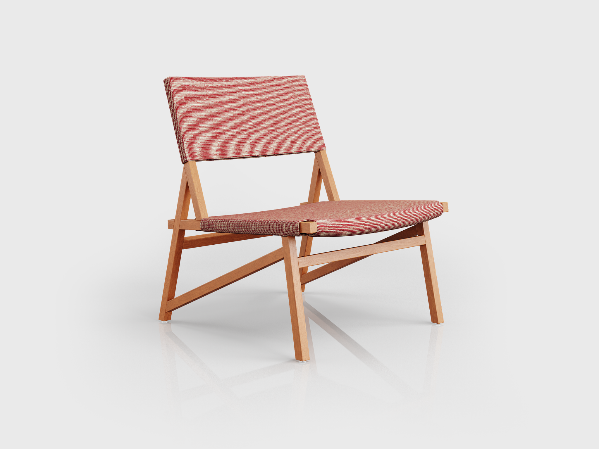 Quechua Lounge Chair with wood structure and upholstered seat and back, designed by Luciano Mandelli.