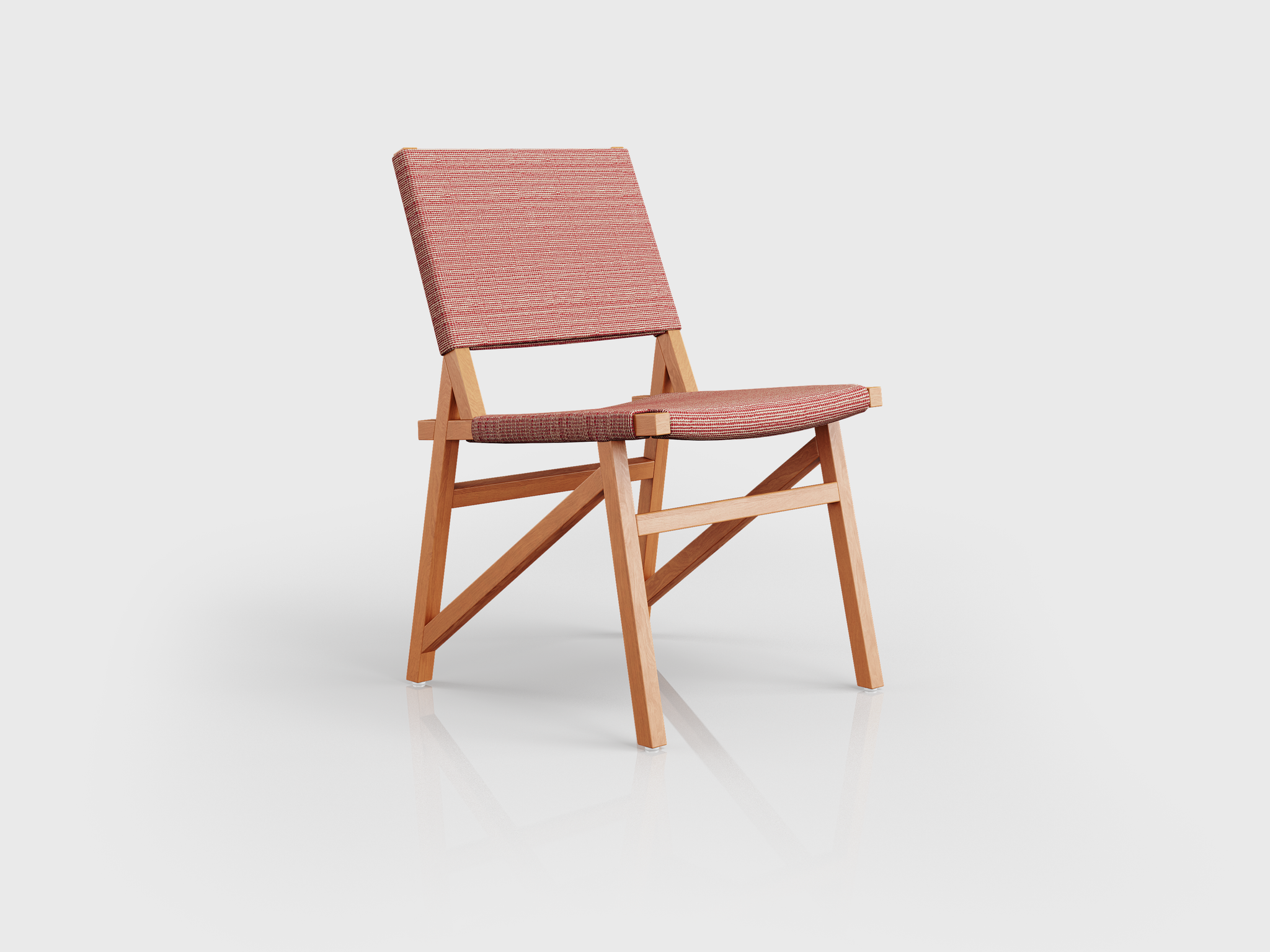 Quechua Chair with wood structure, upholstered seat and back, designed by Luciano Mandelli.