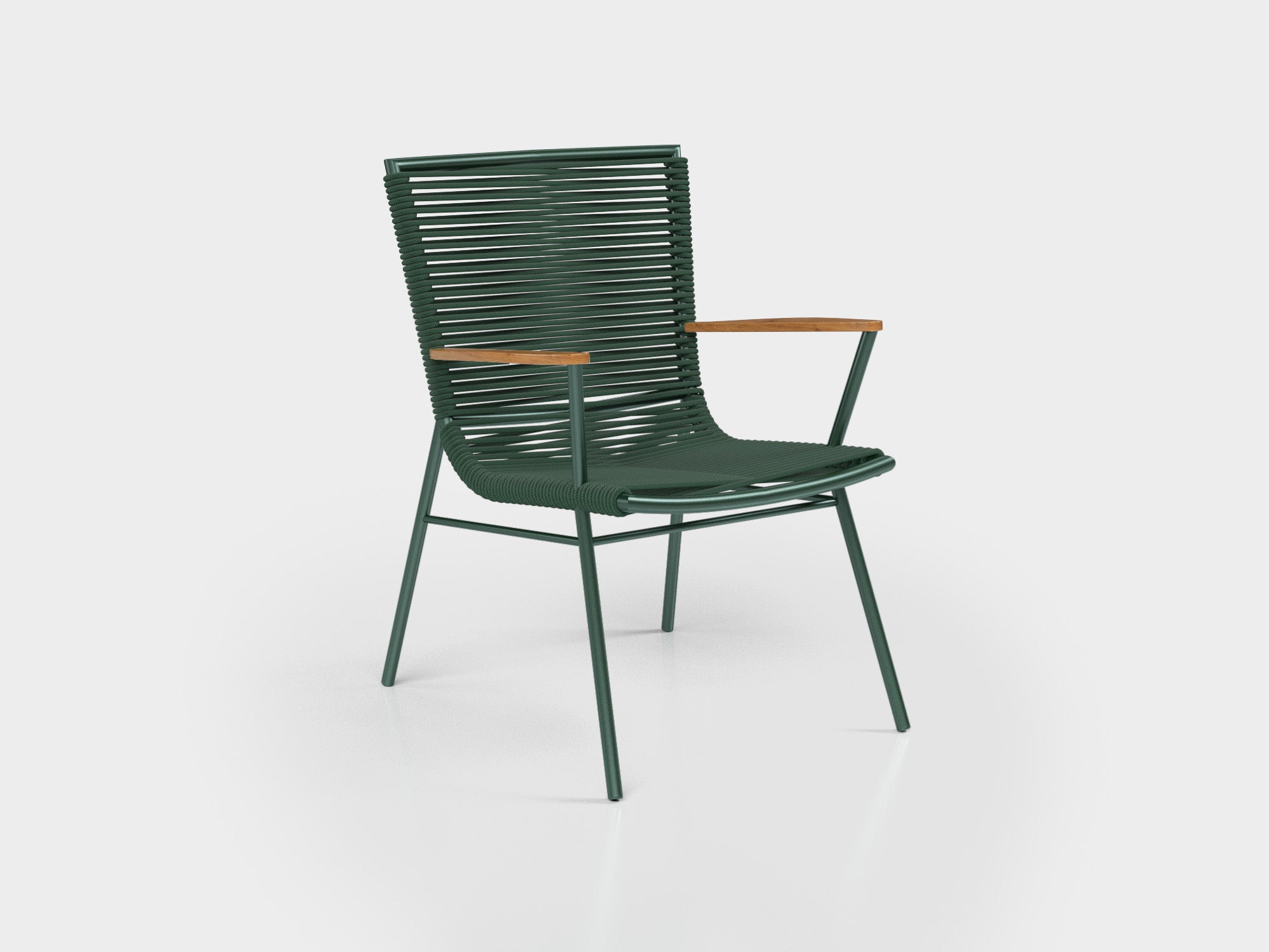 Amado Armchair in green nautical rope, aluminium and wooden arm, designed by Alfio Lisi