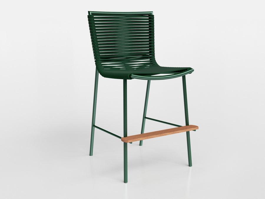 Amado Counter Stool in green nautical rope, aluminium and wooden foot support, designed by Alfio Lisi