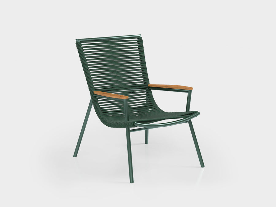 Amado Lounge chair in green nautical rope, aluminium and wooden arm, designed by Alfio Lisi