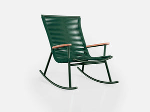 Amado Rocking Chair in green nautical rope, aluminium and wooden arm, designed by Alfio Lisi