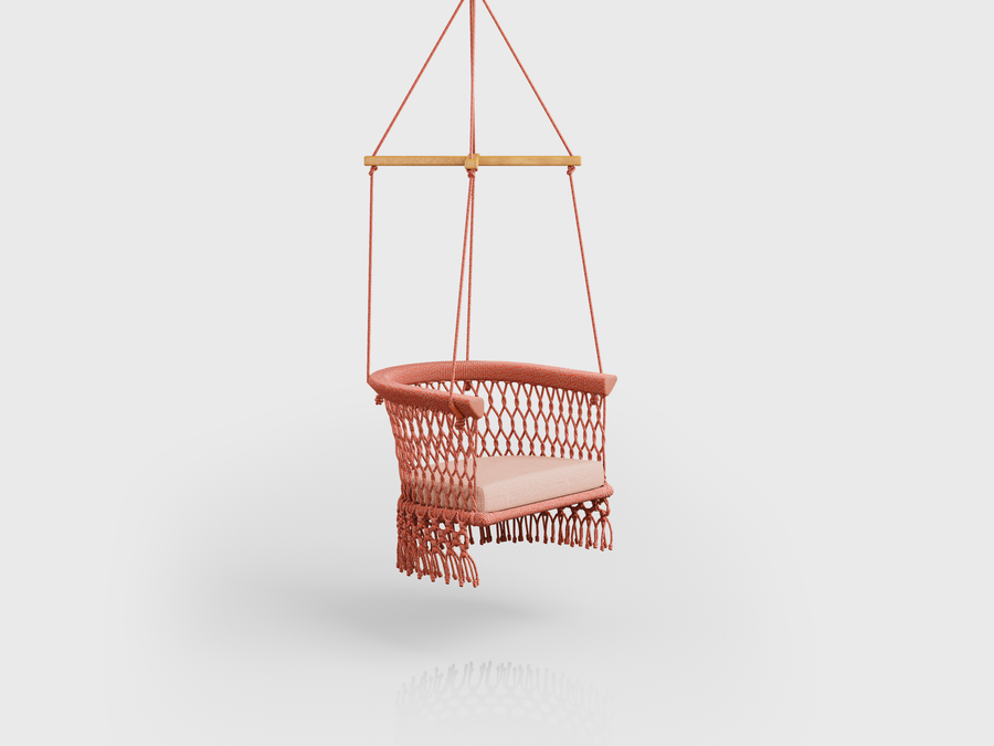 Hermosa Swing made of orange aluminium, rope finishing and seat and back upholstery, designed by Fábio Santos