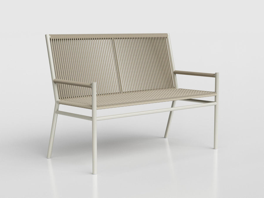Bora Bora two seats bench made of nautical rope and gray aluminum, designed by Luciano Mandelli 