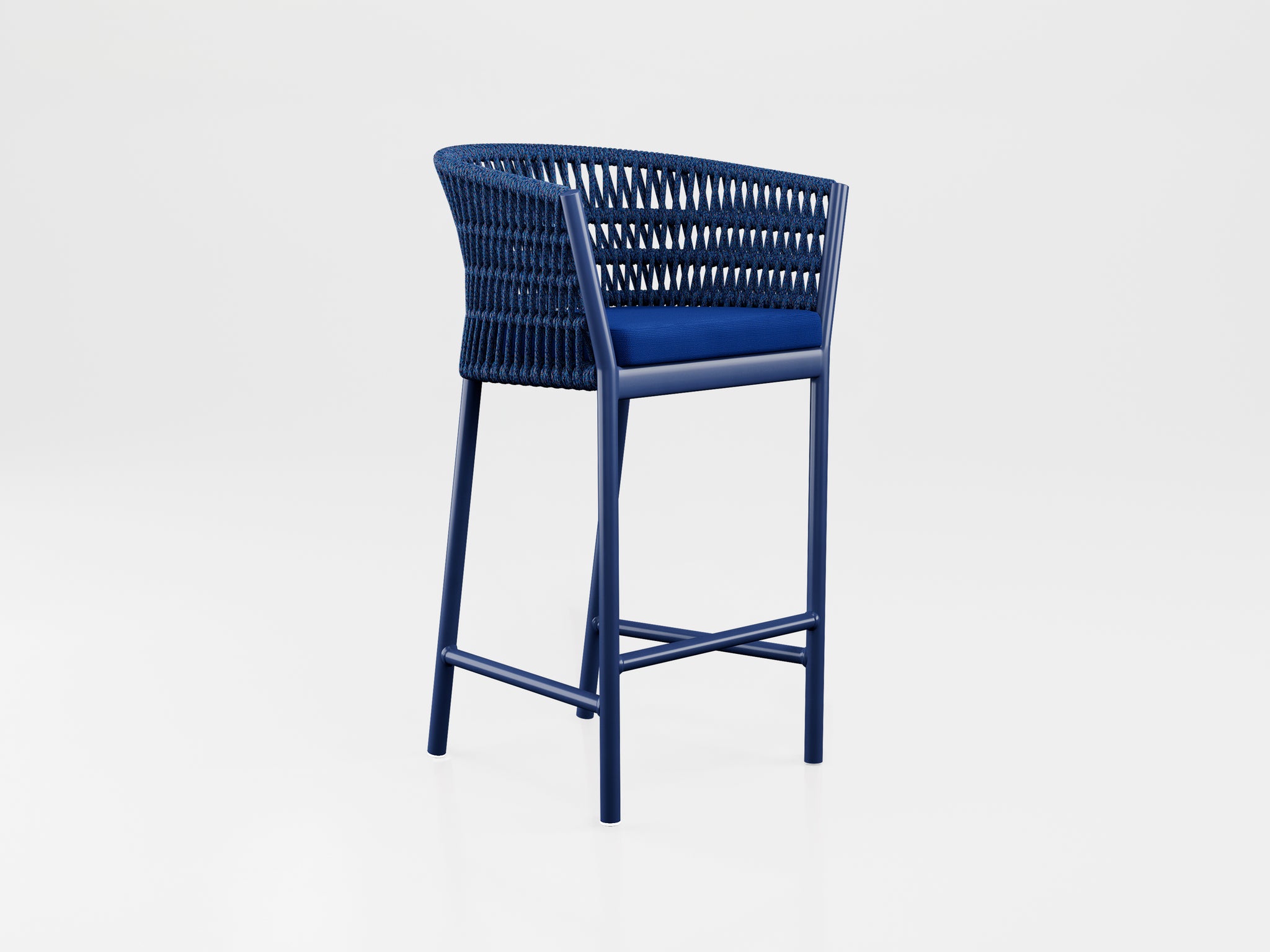 Kauai Bar Stool with aluminum estruture, nautical rope finishing, stone top and Includes seat and back cushions upholstery, designed by Luciano Mandelli