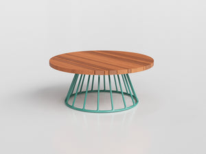 Biarritz coffee table with turquoise aluminium base and wooden top, designed by Luciano Mandelli