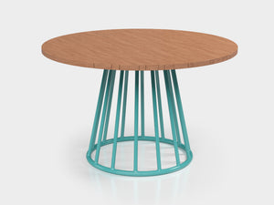 Biarritz compact dining table with turquoise aluminium base and wooden top, designed by Luciano Mandelli