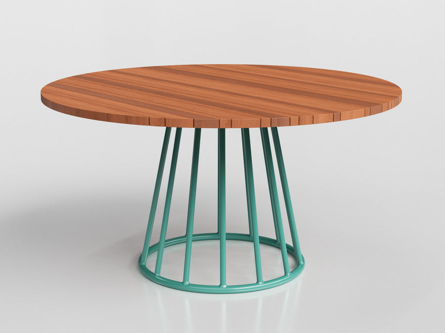 Biarritz standart dining table with turquoise aluminium base and wooden top, designed by Luciano Mandelli