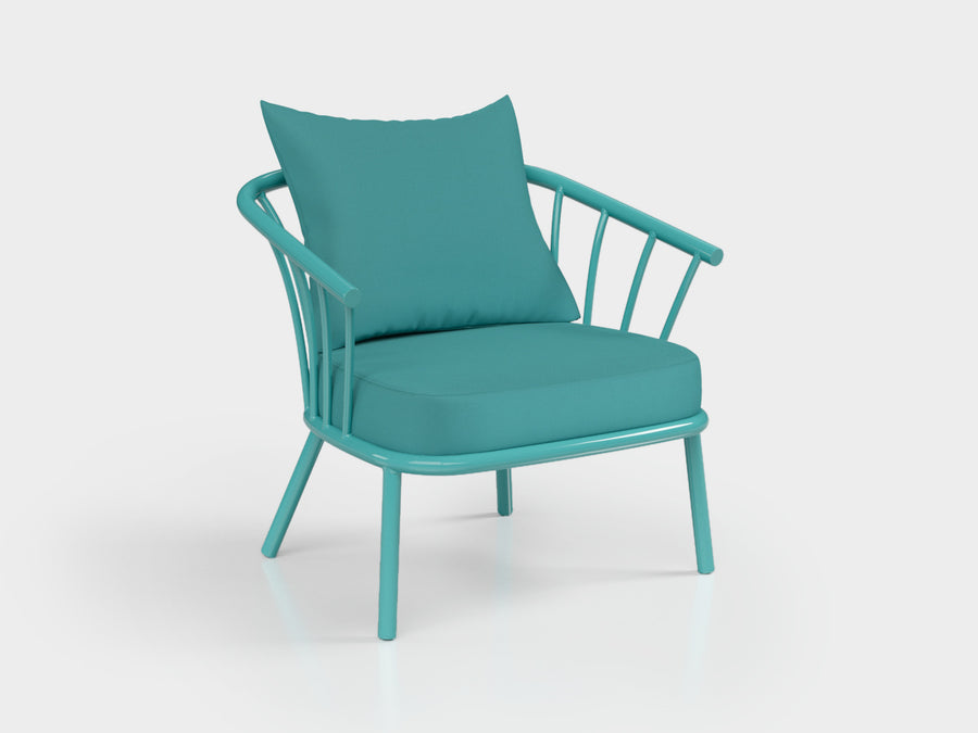 Biarritz lounge chair made of turquoise aluminium with upholstered seat and back cushion, designed by Luciano Mandelli