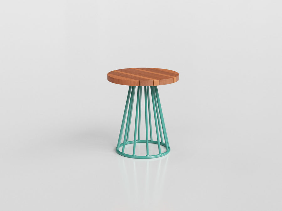Biarritz side table with turquoise aluminium base and wooden top, designed by Luciano Mandelli