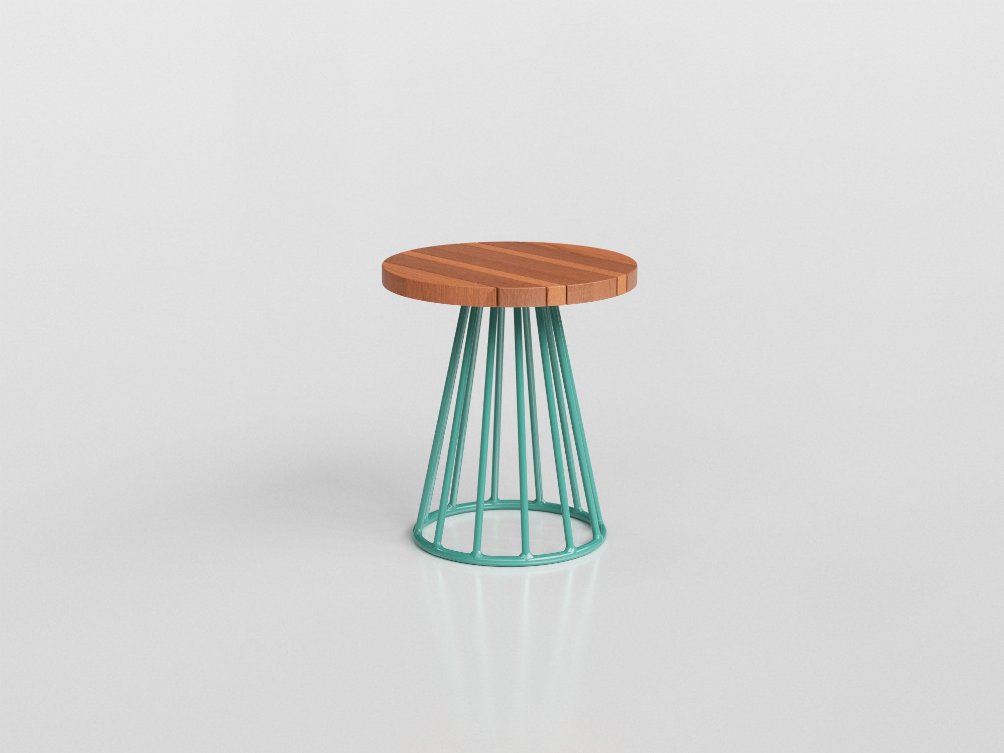 Biarritz side table with turquoise aluminium base and wooden top, designed by Luciano Mandelli
