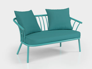 Biarritz sofa made of turquoise aluminium with upholstered seat and back cushions, designed by Luciano Mandelli