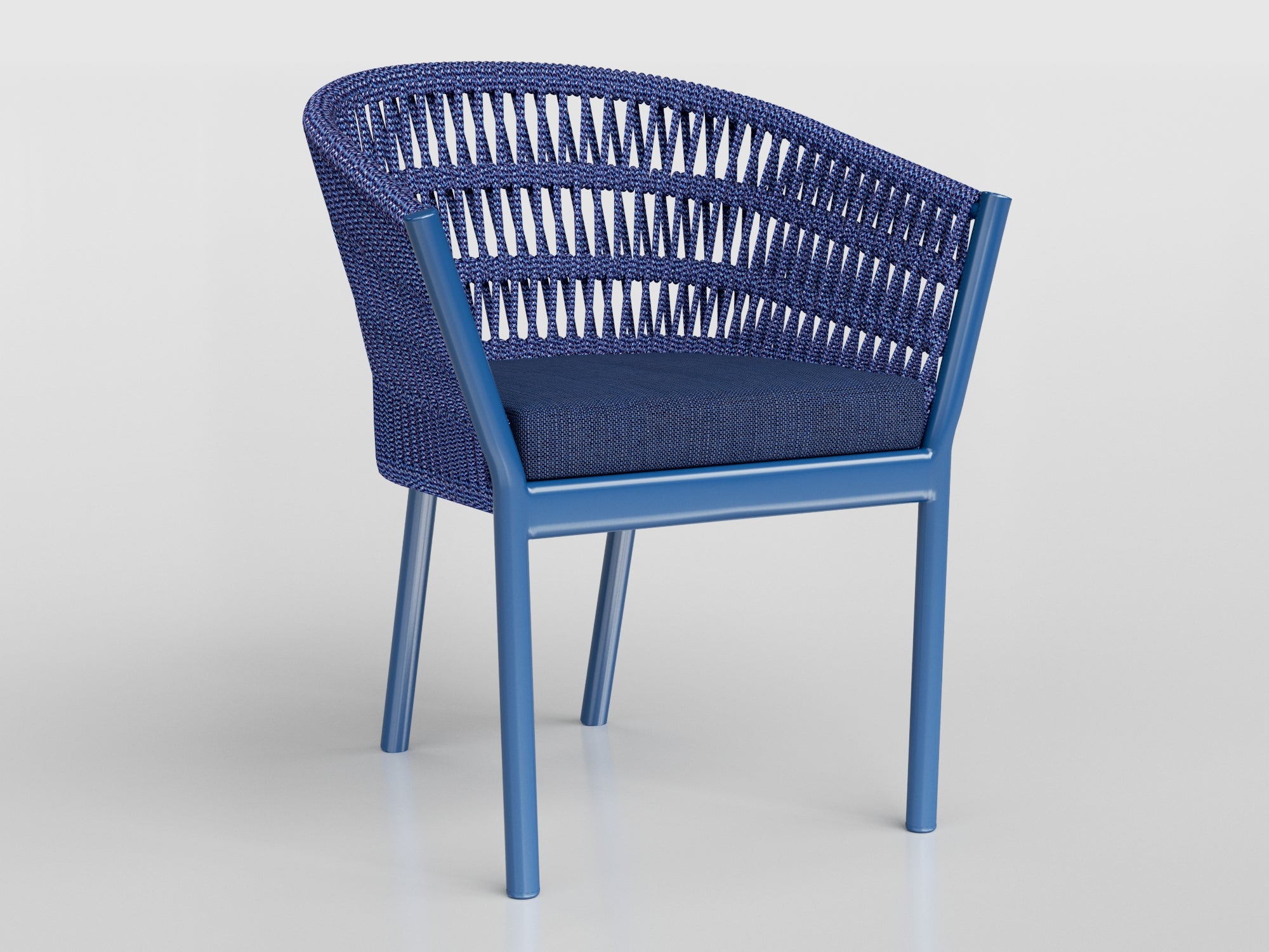 Kauai Chair with aluminum estruture, nautical rope finishing, stone top and Includes seat and back cushions upholstery, designed by Luciano Mandelli