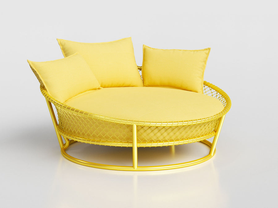 Escuna Compact Chaise in yellow nautical rope with upholstered seat and cushions, designed by Maria Cândida Machado