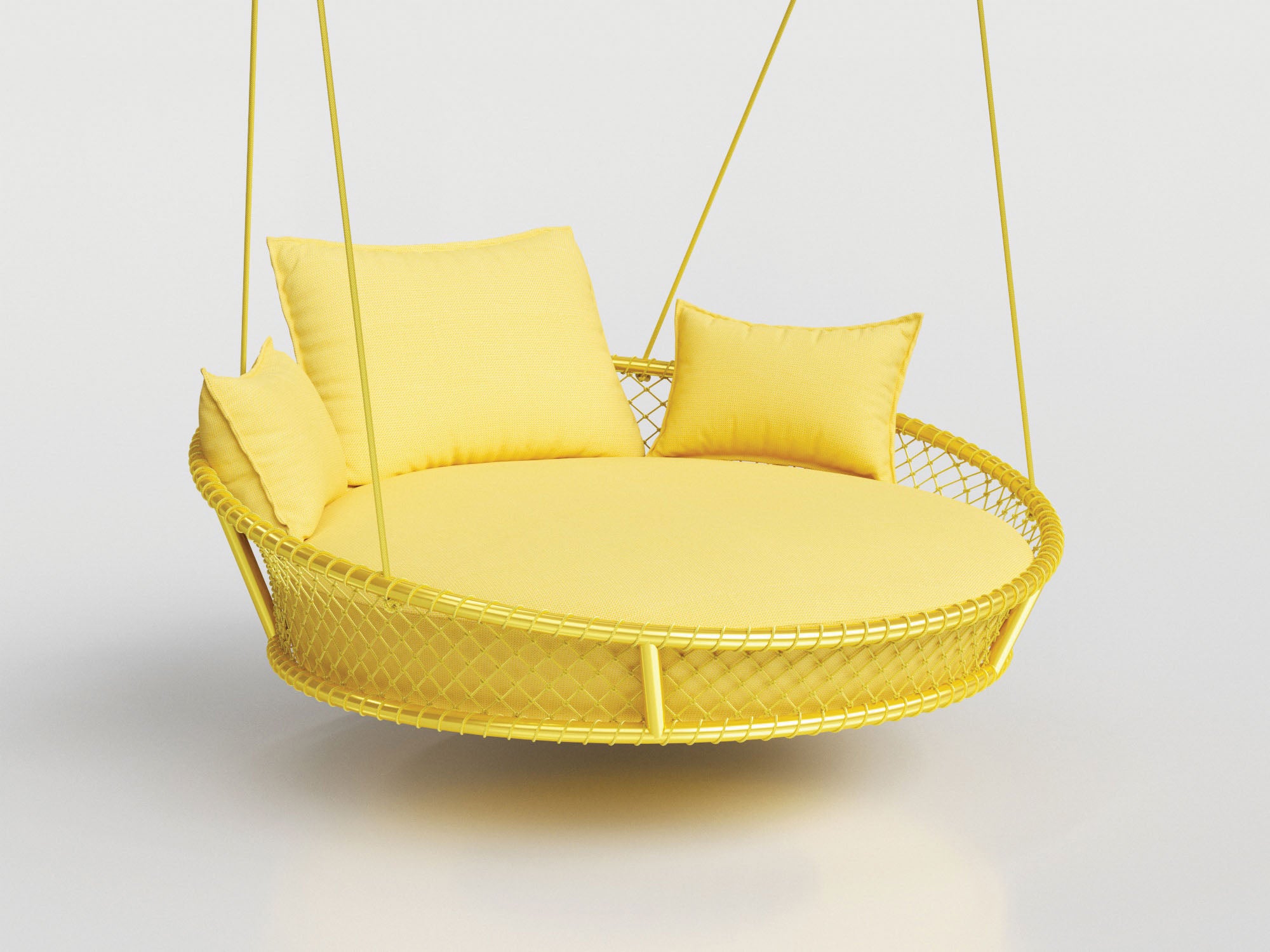 Escuna Standart Swing in yellow nautical rope with upholstered seat and cushions, designed by Maria Cândida Machado