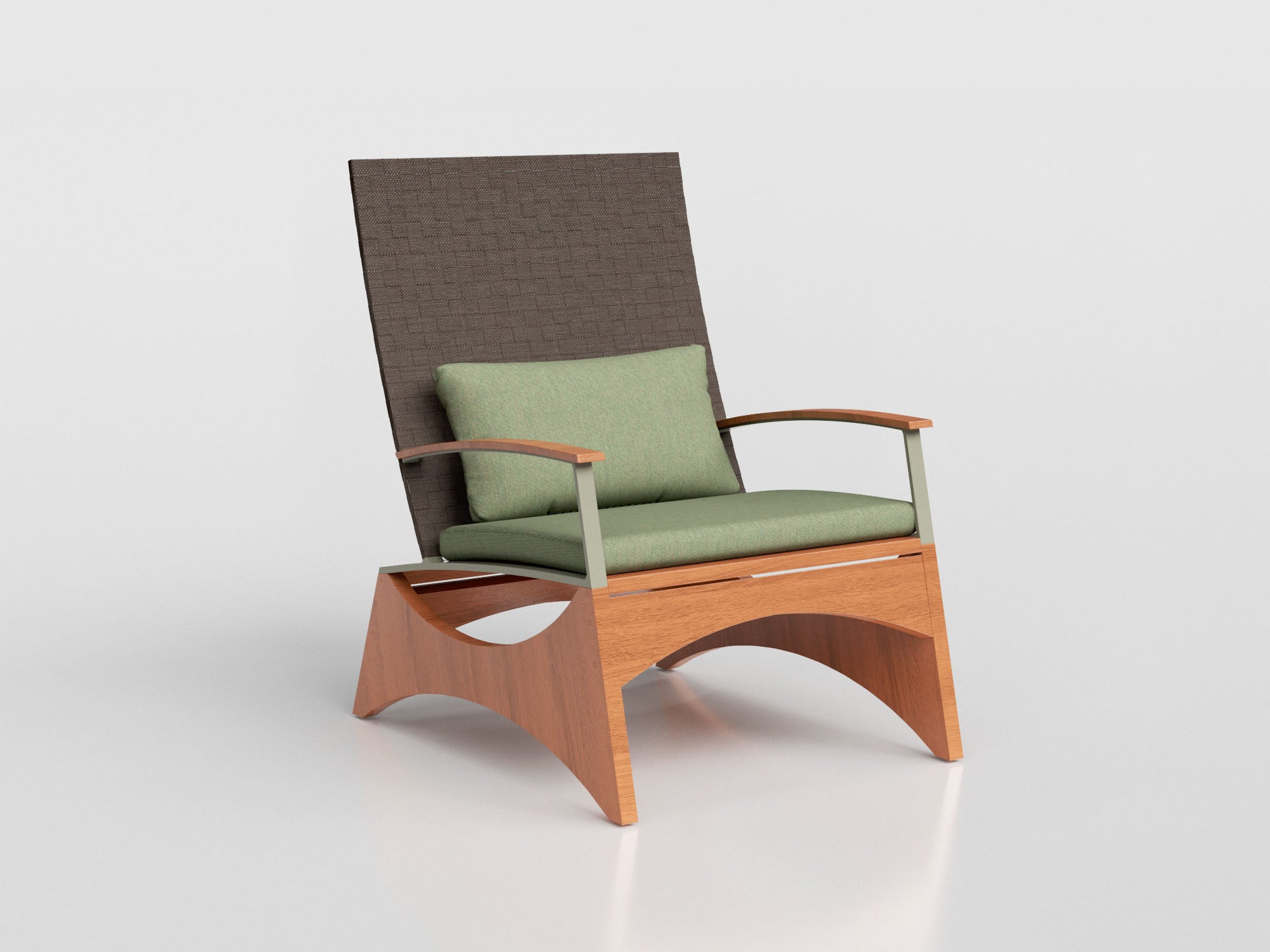 Iaia Lounge Chair Standard with aluminum and wood estruture, waven in sling finishing, includes seat and back cushions upholstery, designed by Manuel Bandeira.
