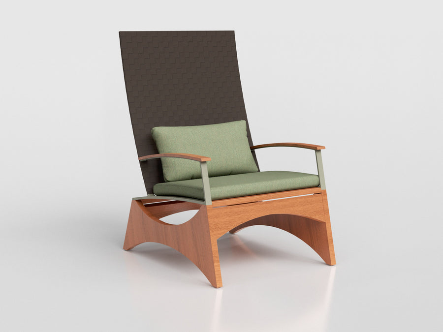 Iaia Lounge Chair High Back with aluminum and wood estruture, waven in sling finishing, includes seat and back cushions upholstery, designed by Manuel Bandeira.