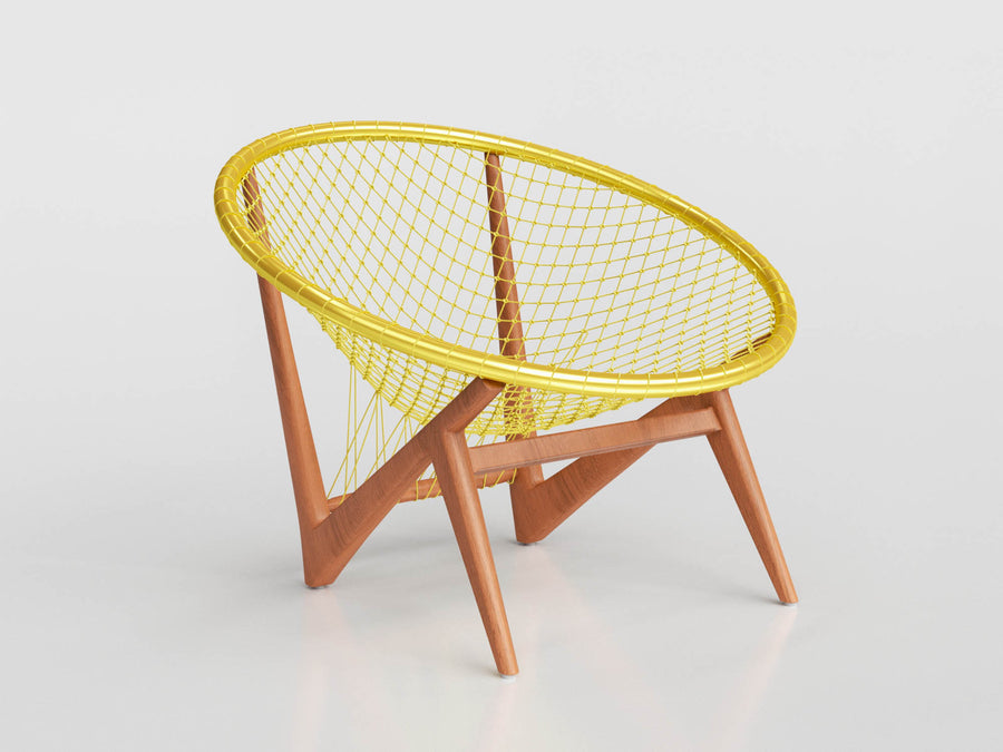 Escuna Lounge Chair with seat in yellow nautical rope and wooden base, designed by Maria Cândida Machado