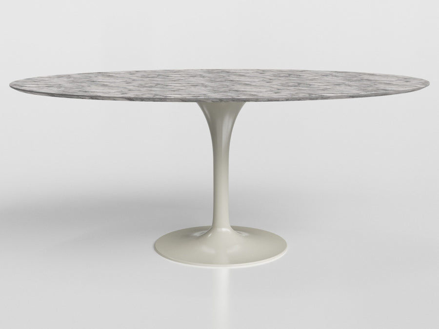 Bora Bora compact dining table with round marble top and gray aluminum base, designed by Luciano Mandelli