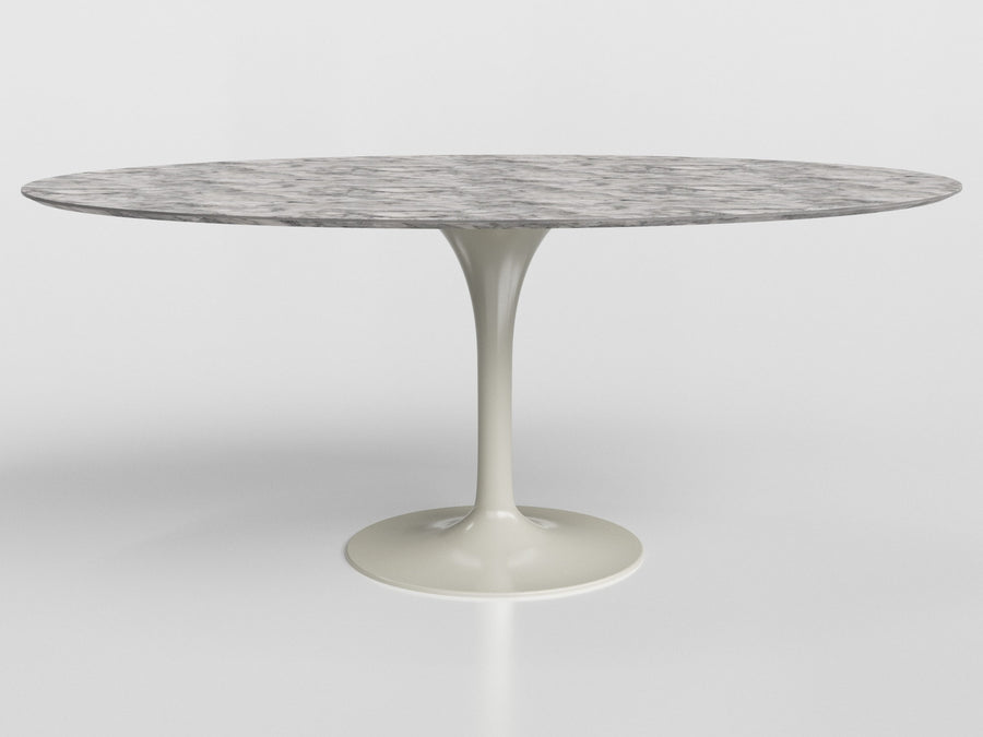 Bora Bora large dining table with round marble top and gray aluminum base, designed by Luciano Mandelli