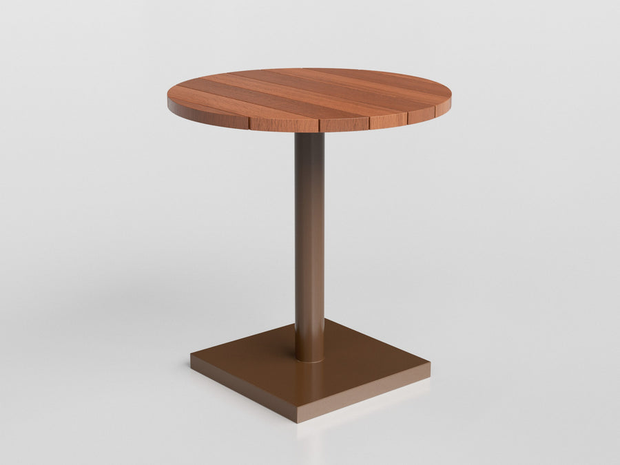 Bali round table with brown aluminium base and wooden top, designed by Tidelli