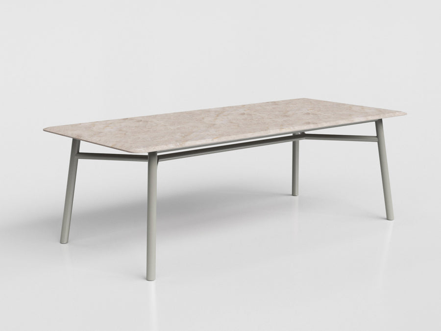 Boss large standart dining table with marble top and gray aluminum base, designed by Luciano Mandelli