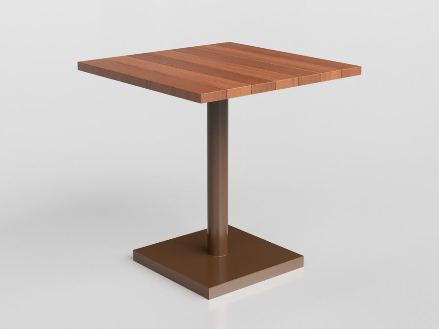 Bali square table with brown aluminium base and wooden top, designed by Tidelli