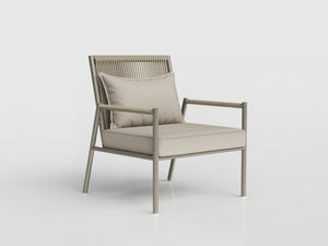Bora Bora lounge chair made of nautical rope and gray aluminum with upholstered seat and back cushion, designed by Luciano Mandelli 