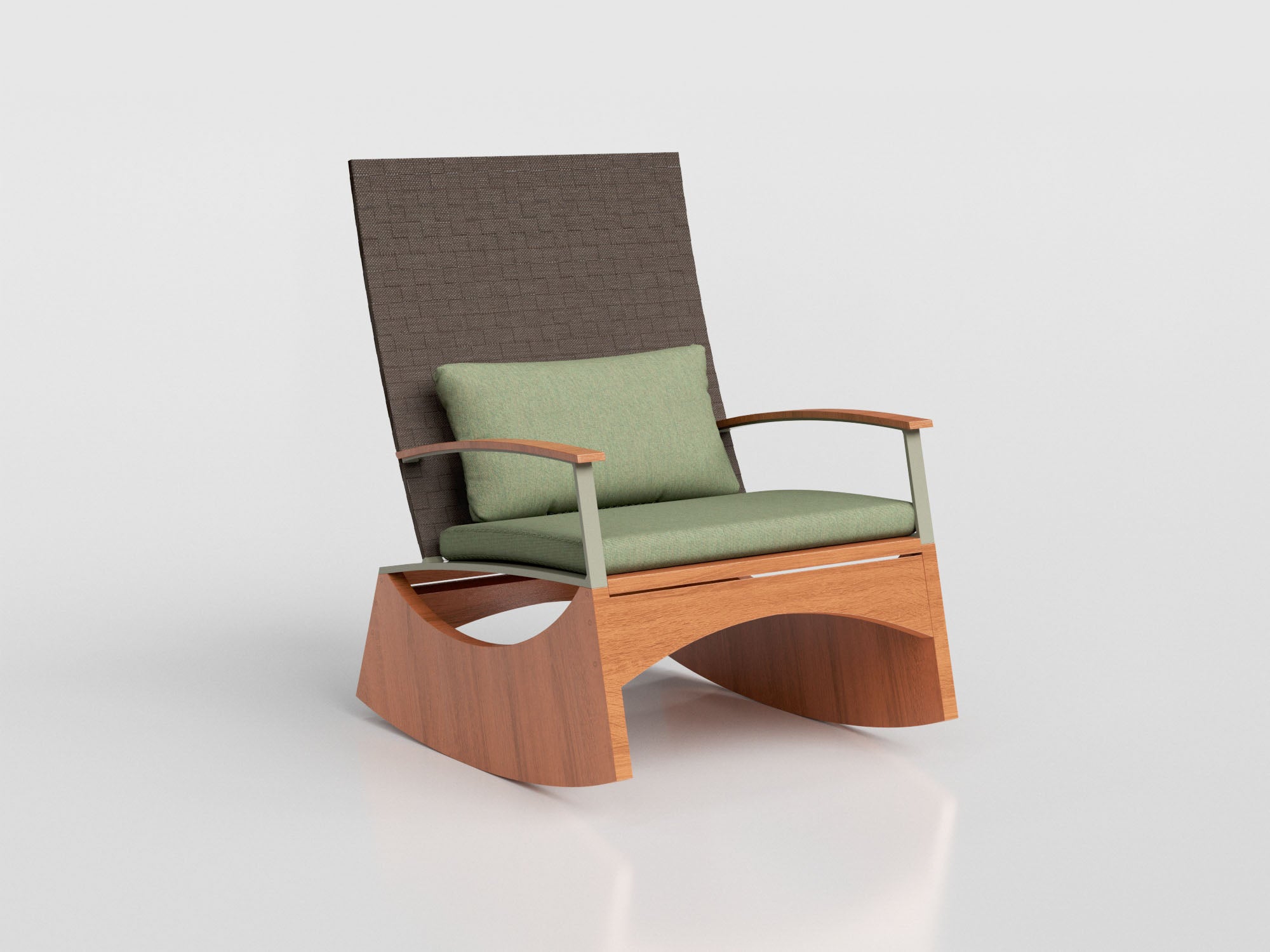 Ioio Rocking Chair Standard with aluminum and wood estruture, waven in sling finishing and includes seat and back cushions upholstery, designed by Manuel Bandeira.