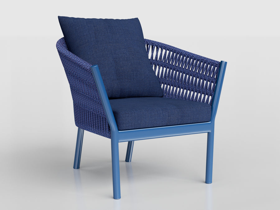 Kauai Lounge Chair with aluminum estruture, nautical rope finishing, stone top and Includes seat and back cushions upholstery, designed by Luciano Mandelli