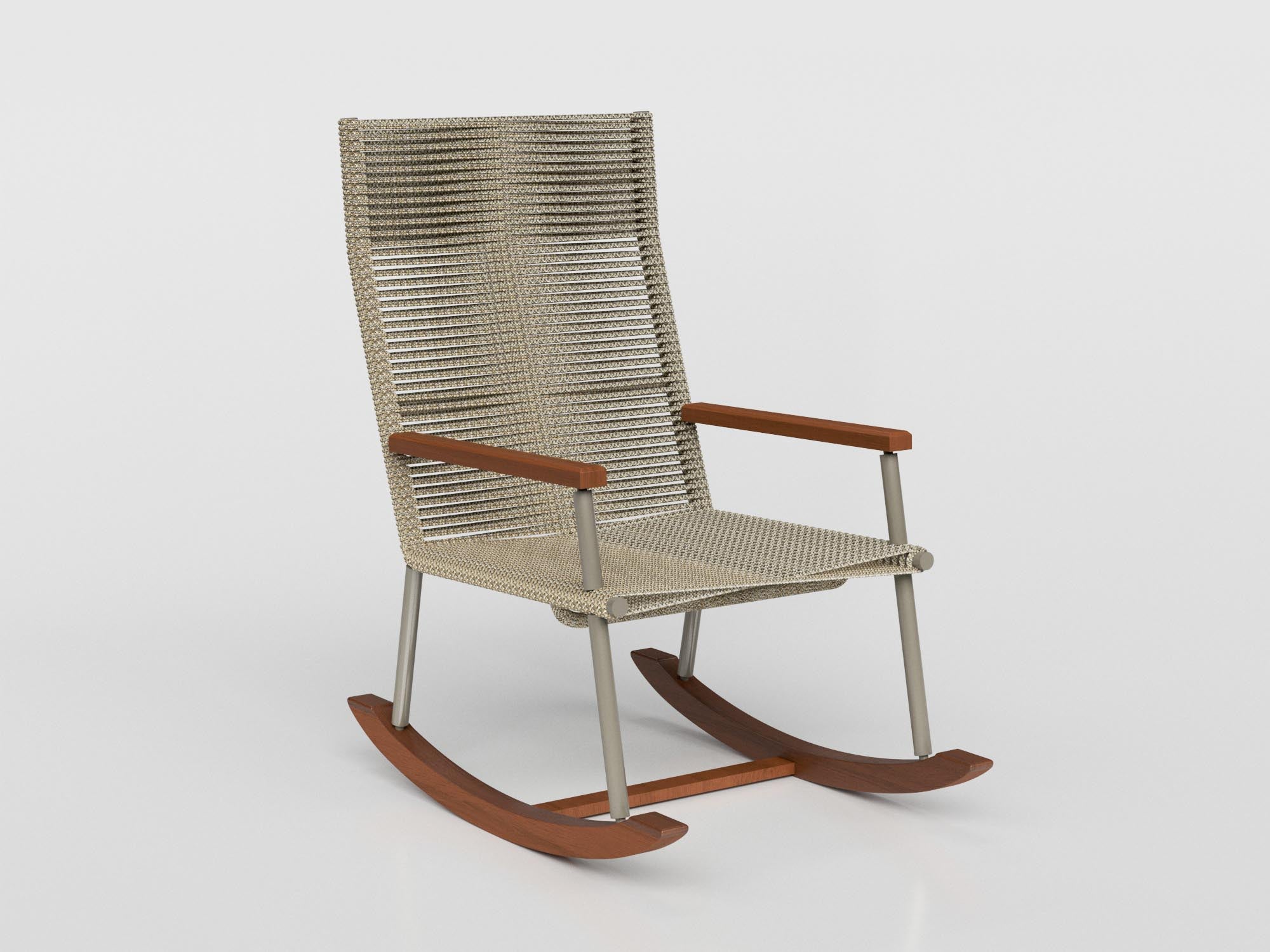 Bora Bora rocking chair made of nautical rope and gray aluminum with wooden arm and foot support, designed by Luciano Mandelli 