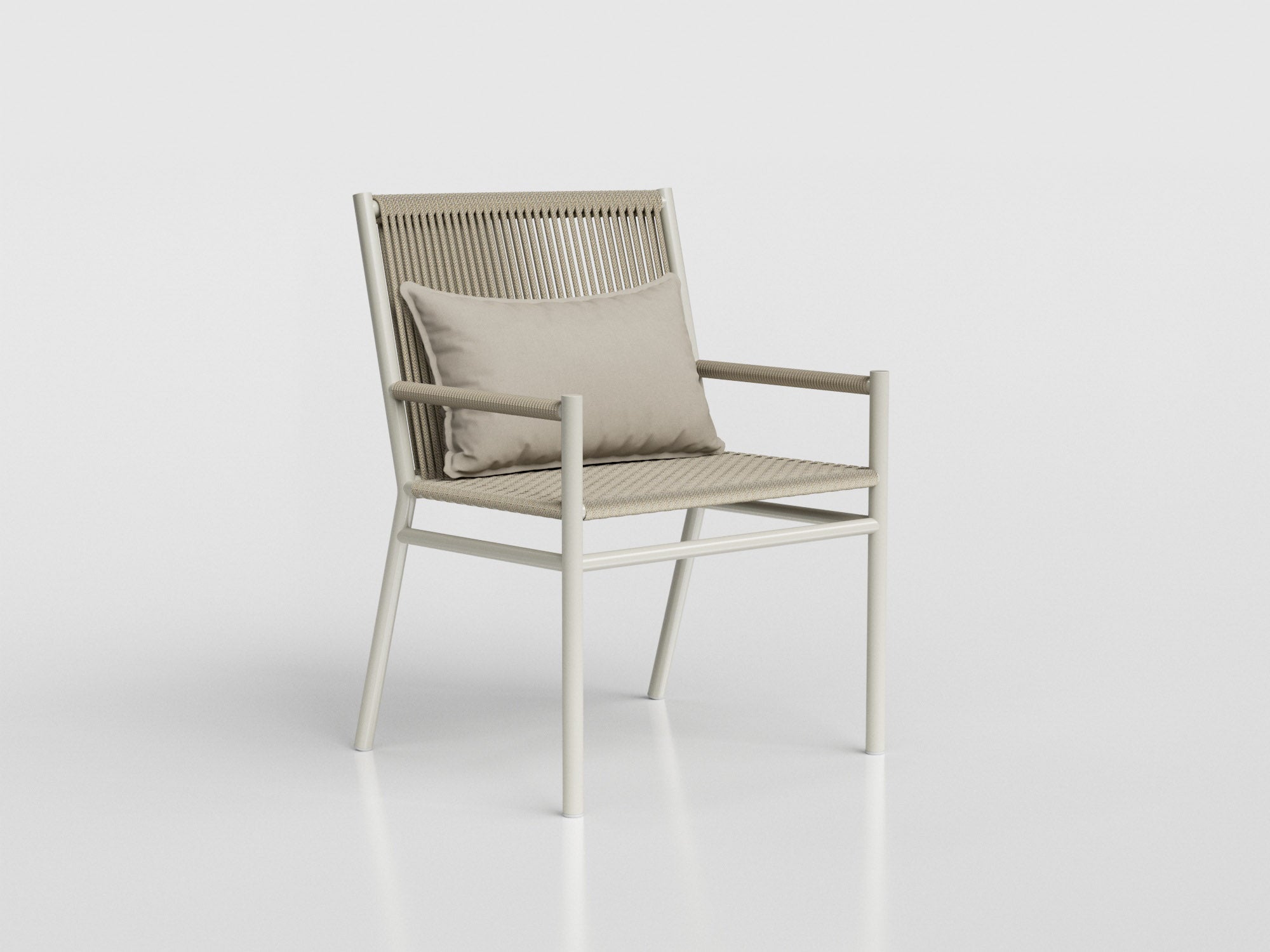 Bora Bora lounge chair made of nautical rope and gray aluminum with back cushion, designed by Luciano Mandelli 