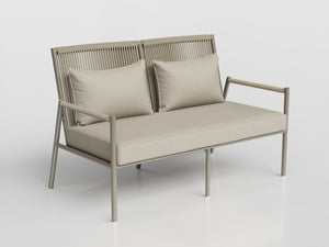 Bora Bora two seats bench made of nautical rope and gray aluminum with upholstered seat and back cushions, designed by Luciano Mandelli 